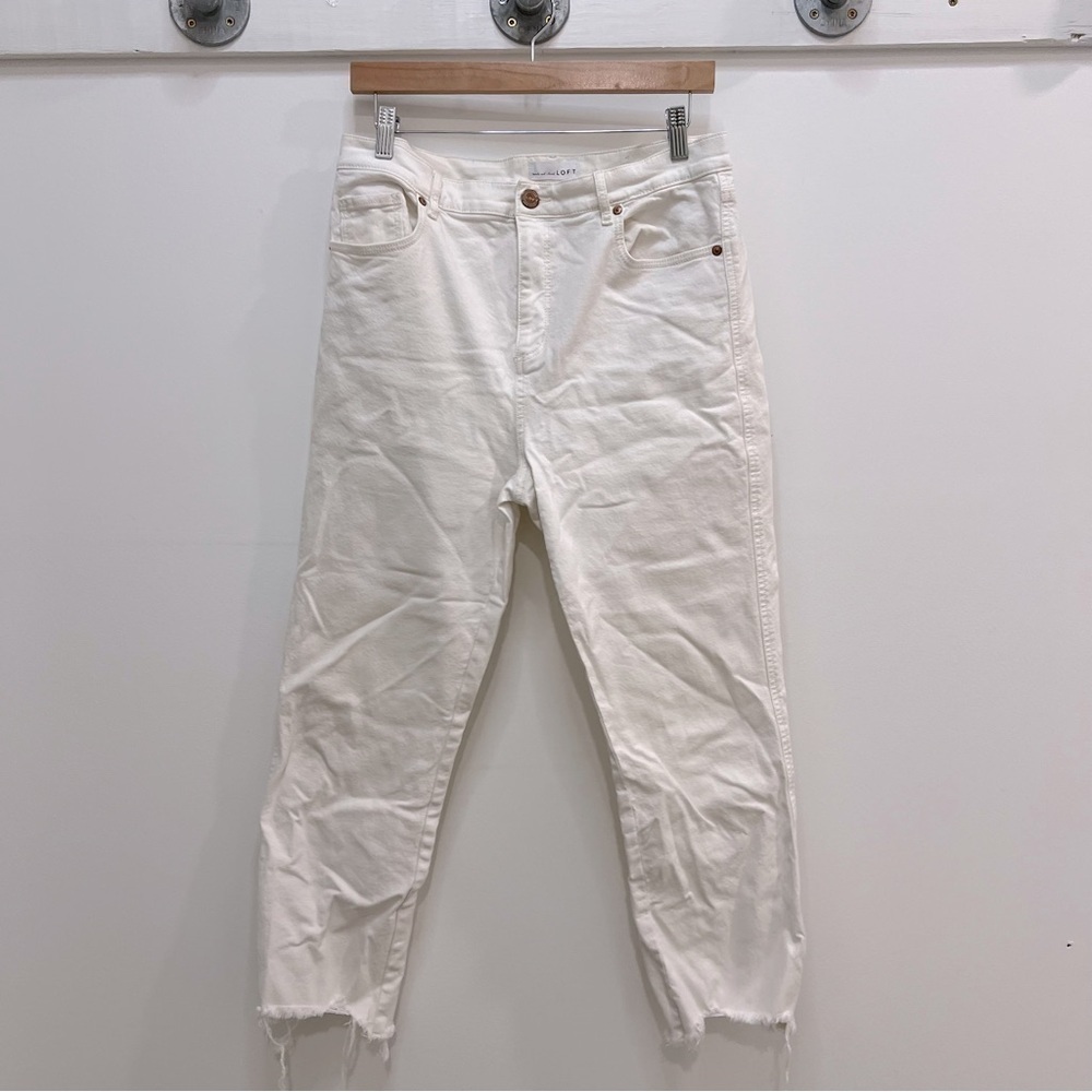 Loft high waisted white jeans with distressed ankles